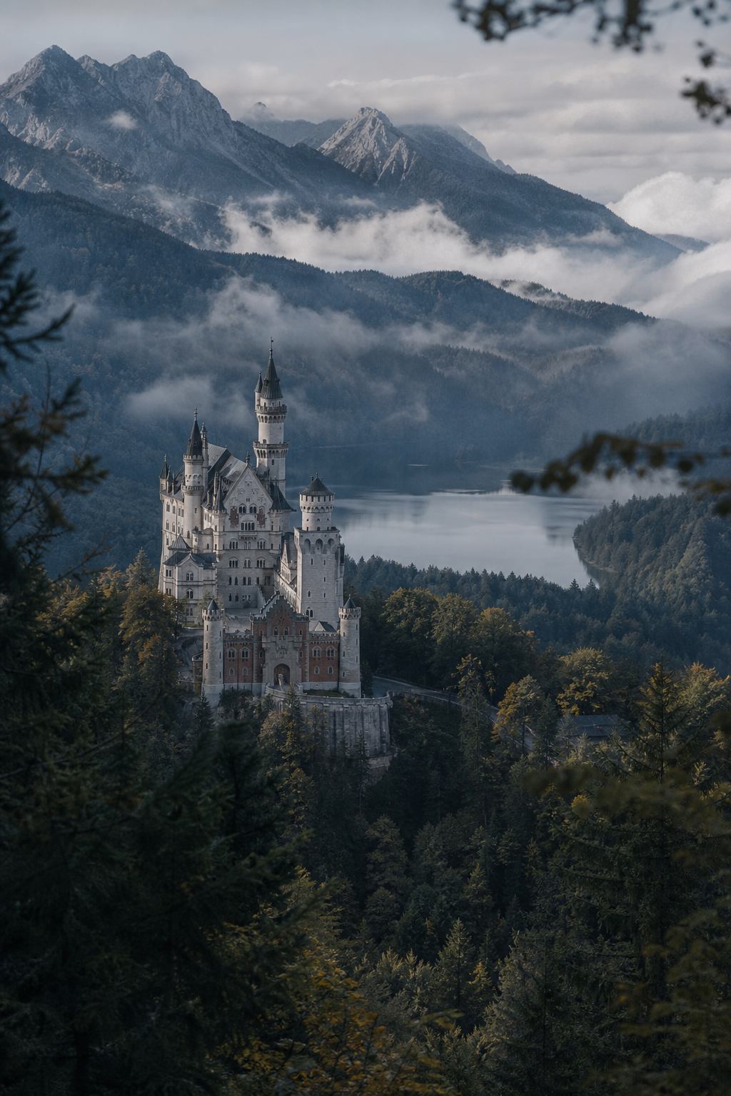 Schloss Neuschwanstein über dem Wald in Bayern